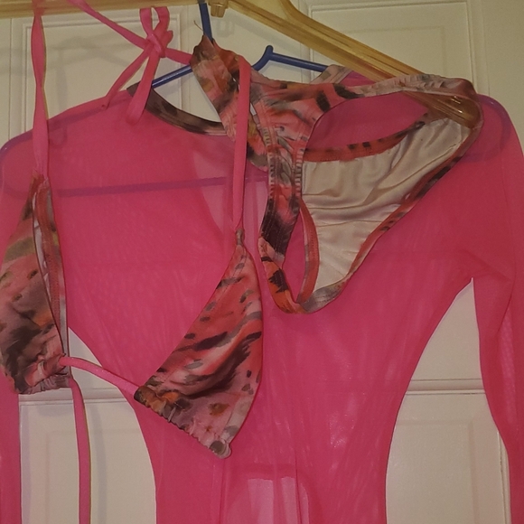 3 pieces Jumpsuit with top and bottom bikini Bartender dancer outfit S hot Pink - Picture 10 of 12